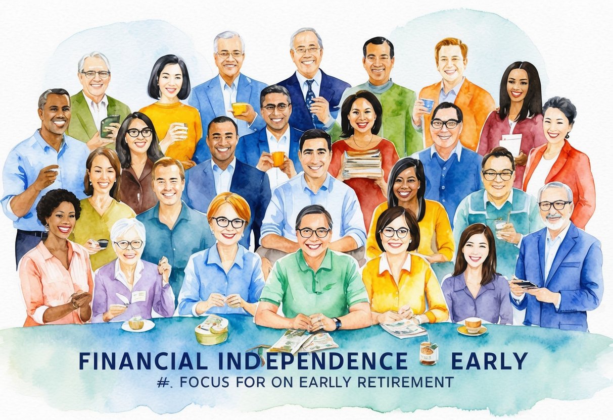 A diverse group of people engaging in various activities, representing different cultural backgrounds, with a focus on financial independence and early retirement