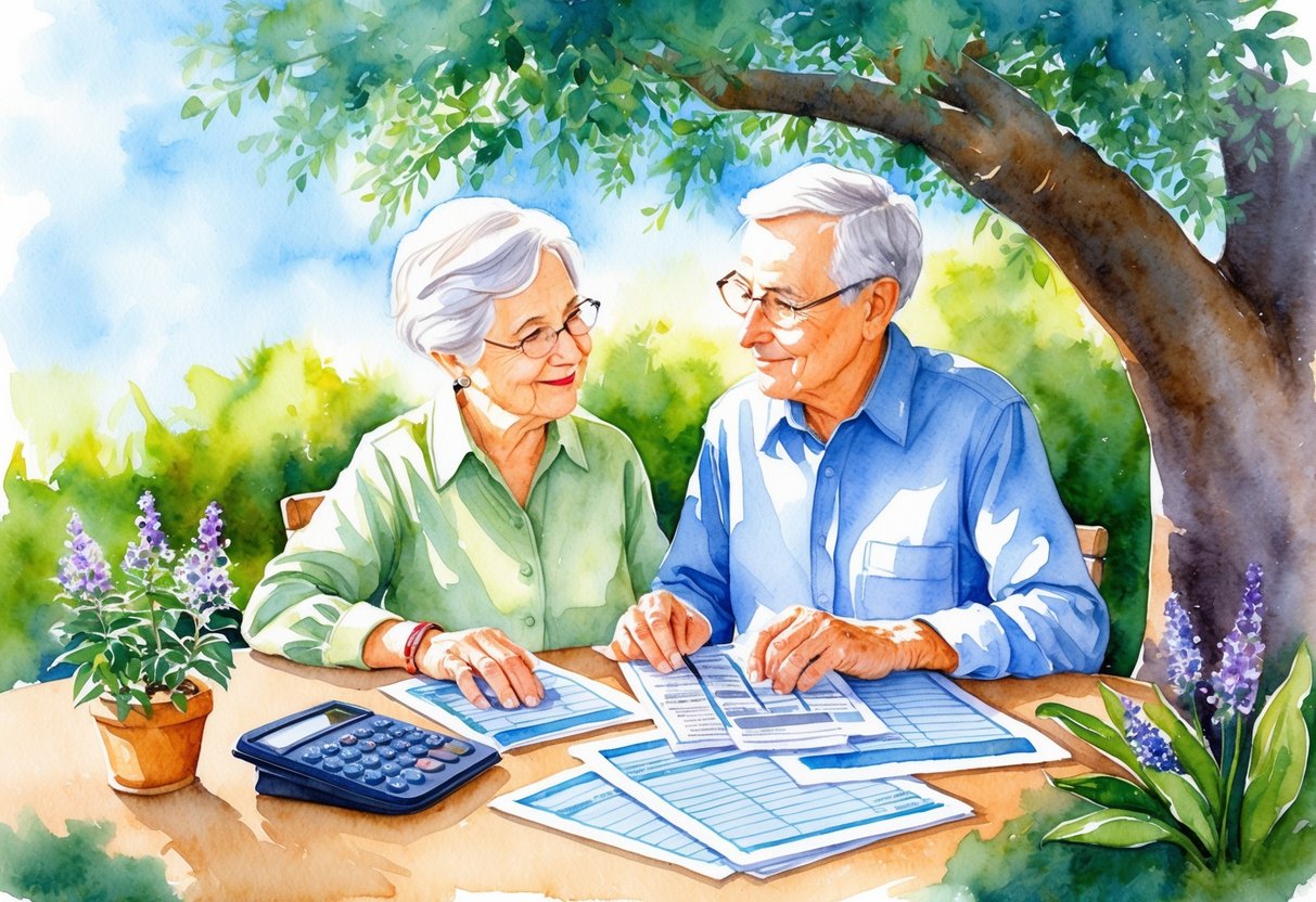 A serene, elderly couple sits under a shady tree, surrounded by a lush garden. A calculator and financial documents are spread out on a table as they discuss retirement plans