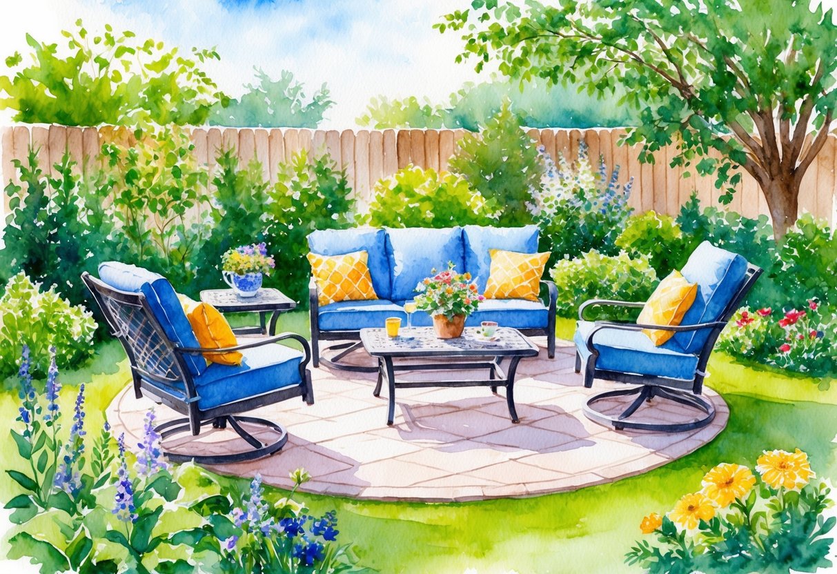 A serene backyard garden with a cozy patio set, surrounded by lush greenery and colorful flowers, creating a peaceful and relaxing atmosphere for retirees to enjoy
