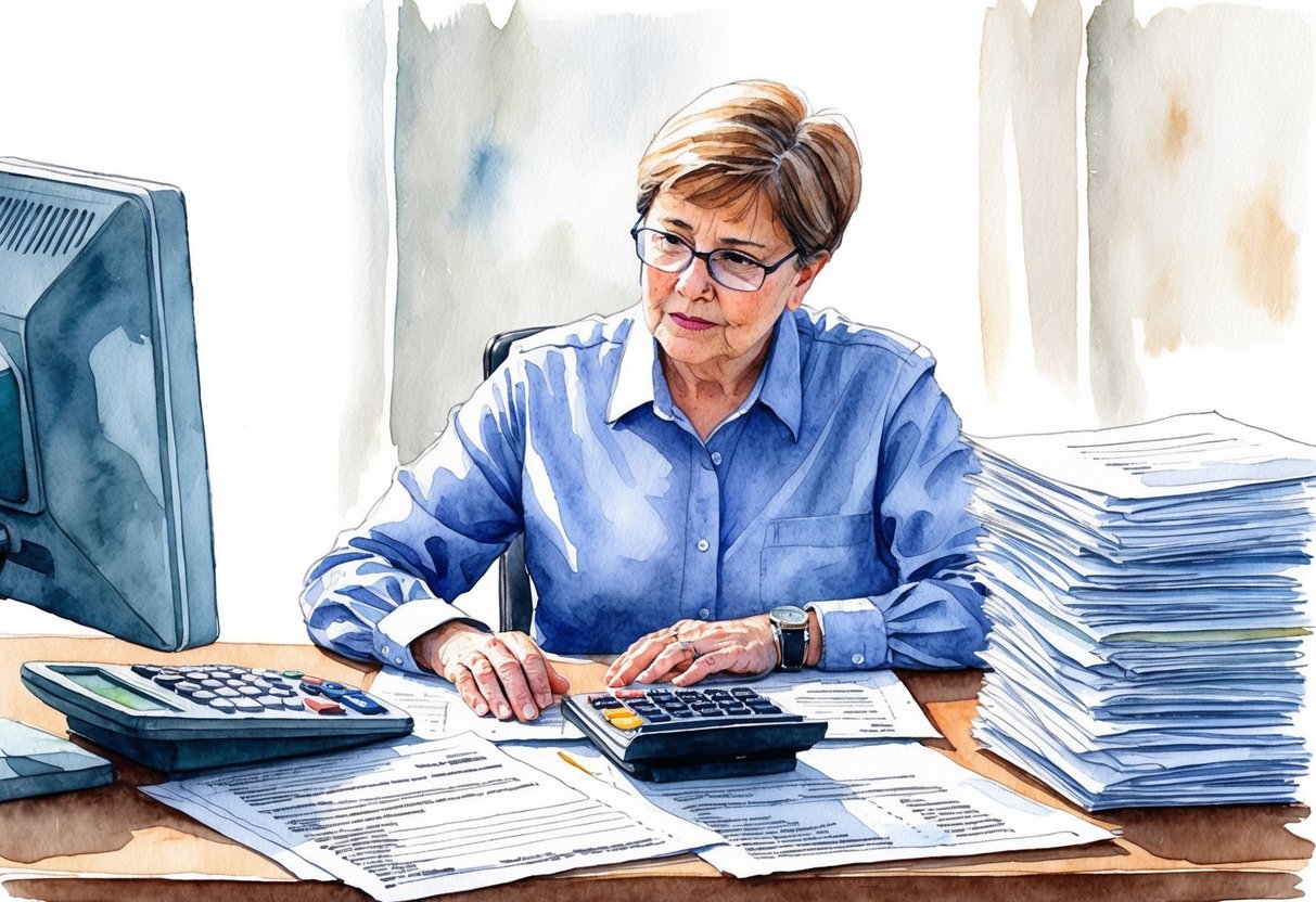 A person in their 60s sits at a desk surrounded by paperwork and a computer, with a calculator and financial documents in front of them. They appear contemplative and focused