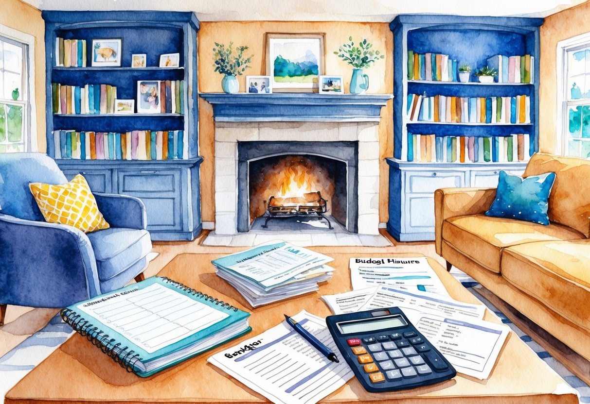 A cozy living room with a fireplace, comfortable furniture, and shelves filled with books and family photos. A budget planner and calculator sit on the coffee table, surrounded by financial documents