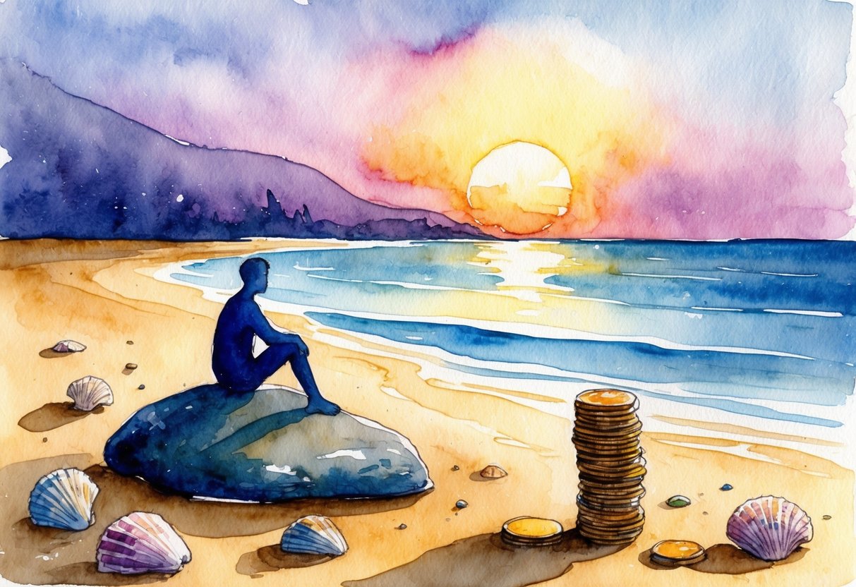 A serene beach at sunset, with a lone figure sitting on a rock, surrounded by scattered seashells and a small stack of coins