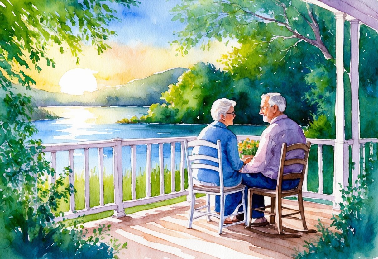 A serene, elderly couple sits on a porch overlooking a peaceful lake, surrounded by lush greenery. The sun is setting, casting a warm glow over the scene