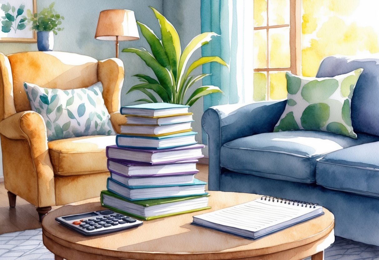 A serene, sunlit living room with a cozy armchair and a stack of financial planning books on a coffee table. A calculator and notepad sit nearby