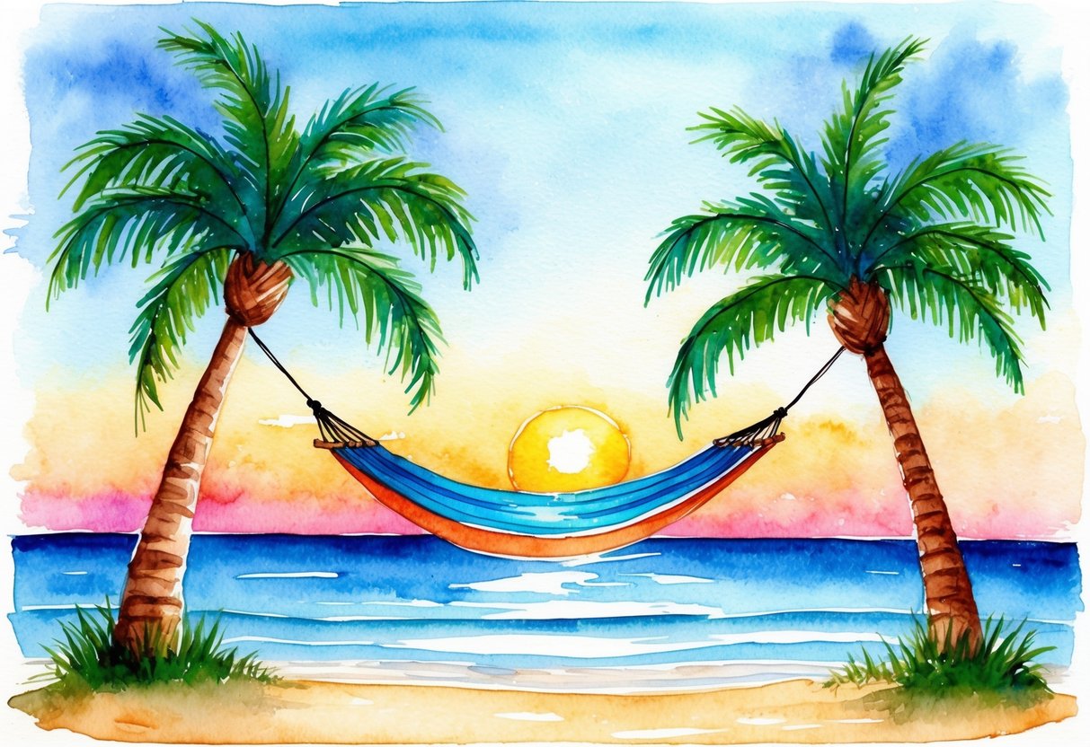 A serene beach at sunset with a hammock strung between two palm trees, symbolizing relaxation and achievement of retirement goals