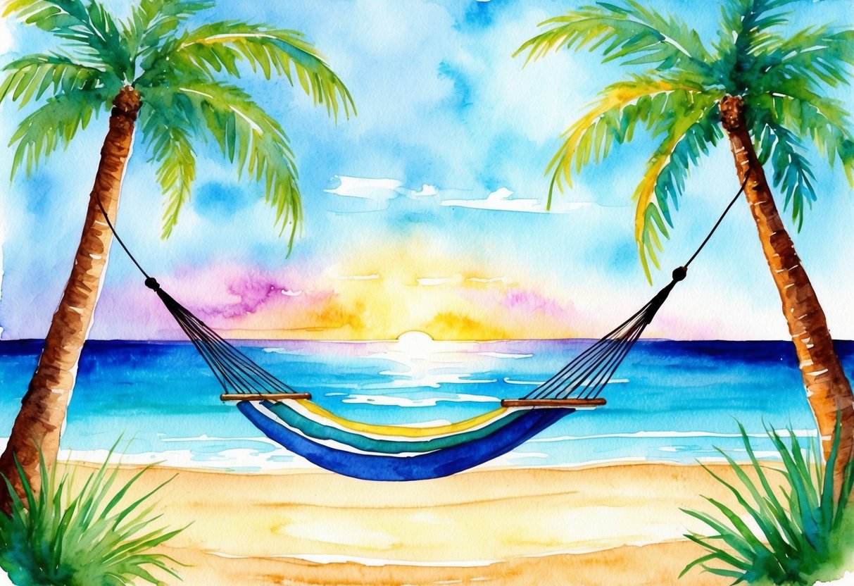 A serene beach with a hammock strung between two palm trees, overlooking a crystal-clear ocean and a distant sunset