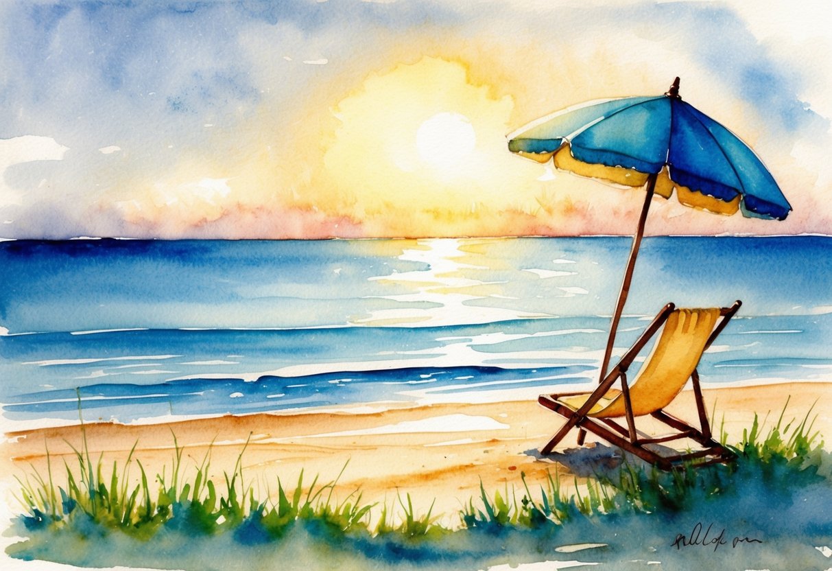 A serene, sunlit beach with a lone beach chair and umbrella, overlooking calm waters and a distant horizon, symbolizing early retirement contemplation