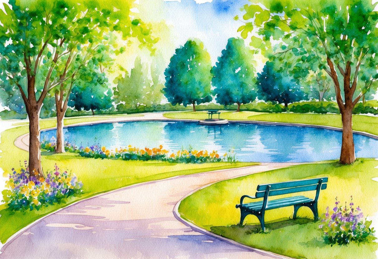 A serene park with a pathway leading to a peaceful pond, surrounded by lush green trees and colorful flowers, with a bench and a notebook for planning