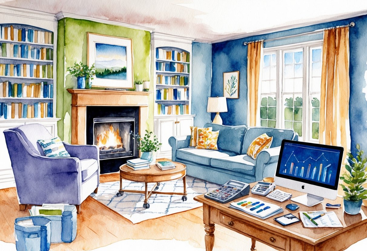 A cozy living room with a fireplace, bookshelves, and a desk with a computer and financial planning tools scattered across it
