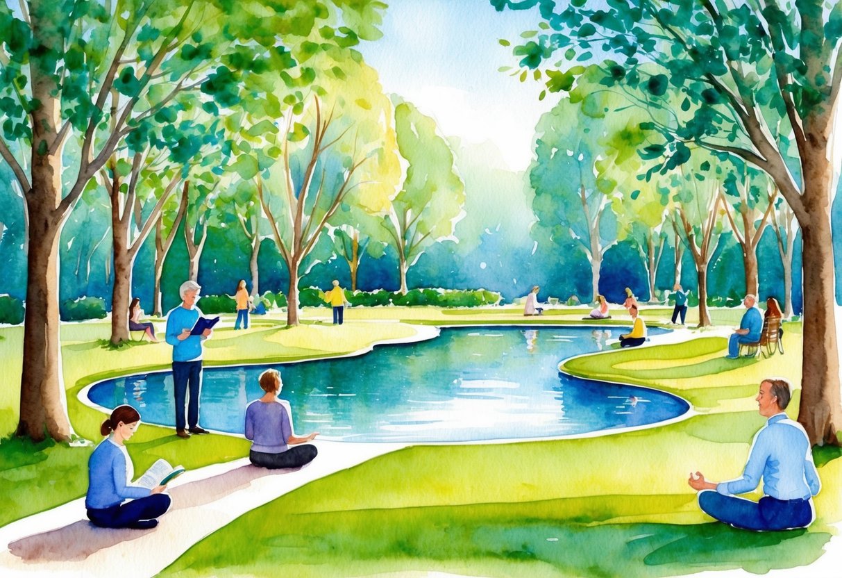 A serene, tree-lined park with a peaceful pond, surrounded by people engaged in various activities like reading, walking, and meditating, representing alternative retirement planning tools