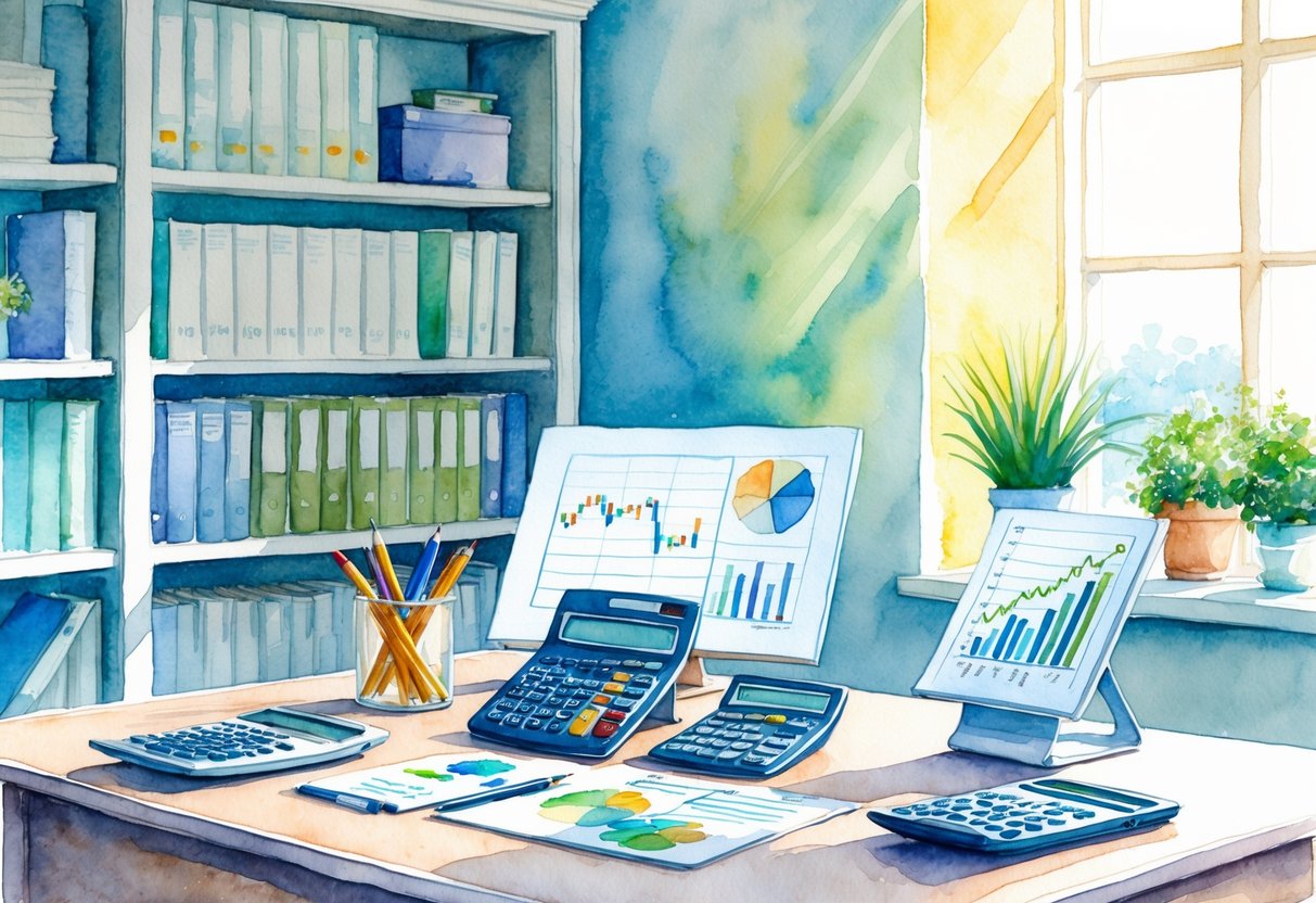 A serene, sunlit office with a desk holding various financial planning tools, such as calculators, charts, and graphs. A bookshelf in the background displays volumes on retirement planning