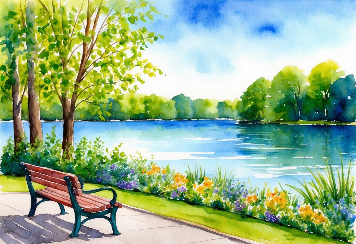 A serene park bench next to a calm lake, surrounded by lush green trees and colorful flowers, with a clear blue sky overhead