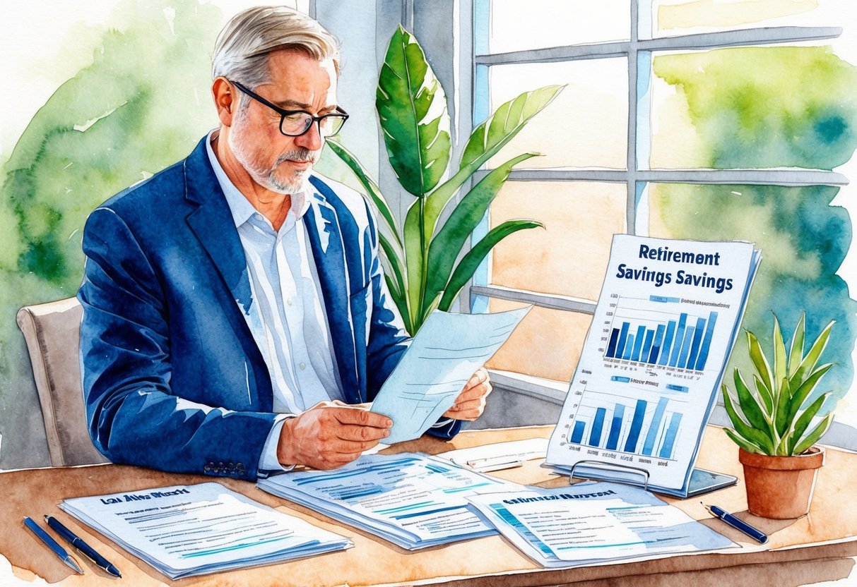 A person over 40 reviewing financial documents and retirement savings charts