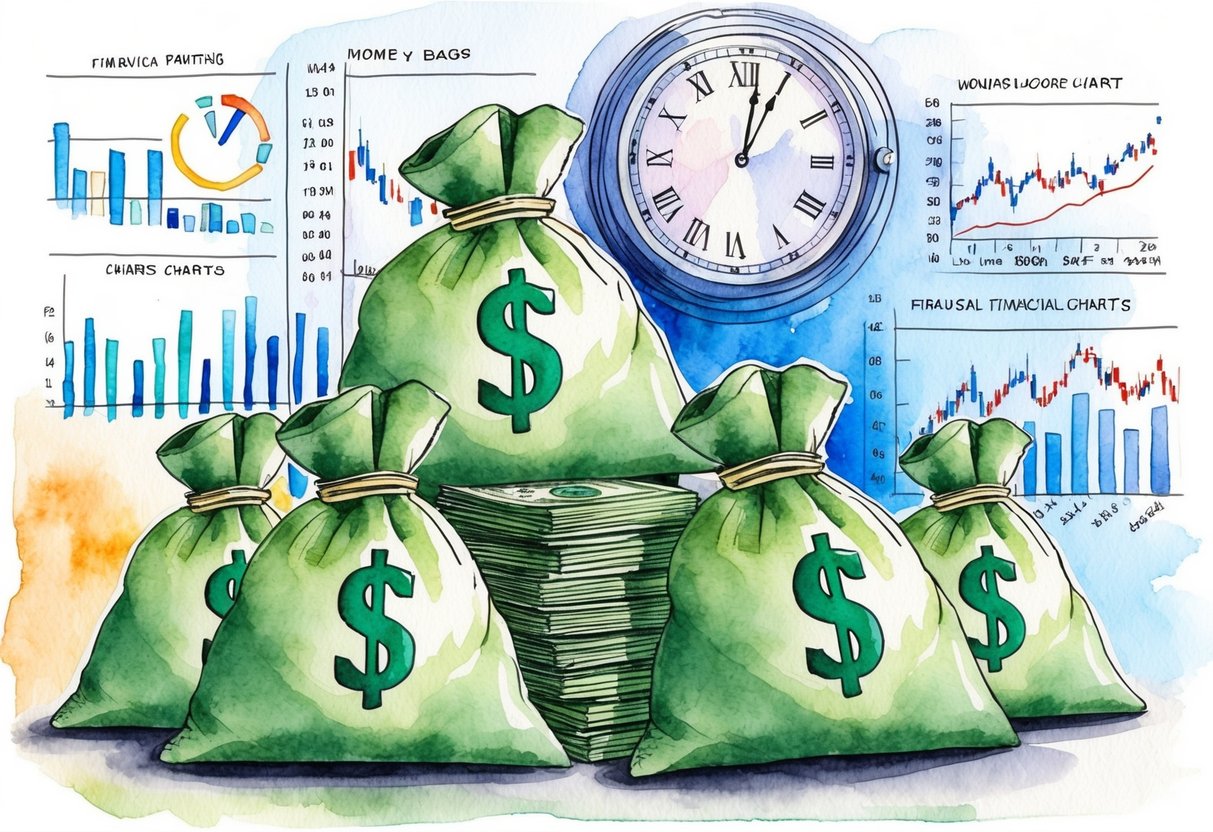 A stack of money bags with a clock ticking in the background, surrounded by financial charts and graphs