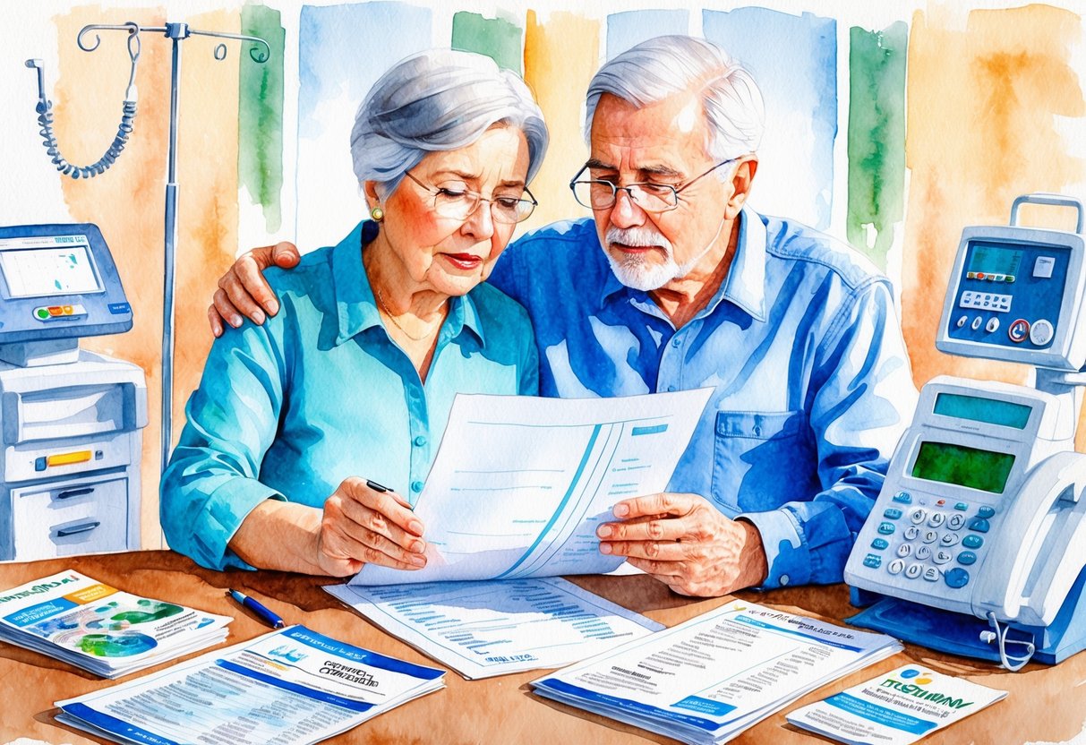 A senior couple reviewing financial documents with a concerned expression, surrounded by medical equipment and retirement brochures