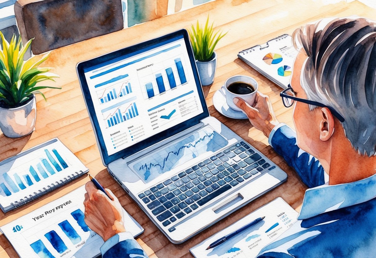 A desk with a laptop, financial charts, and a cup of coffee. A person over 40 reviewing investment strategies for a 10-year retirement plan