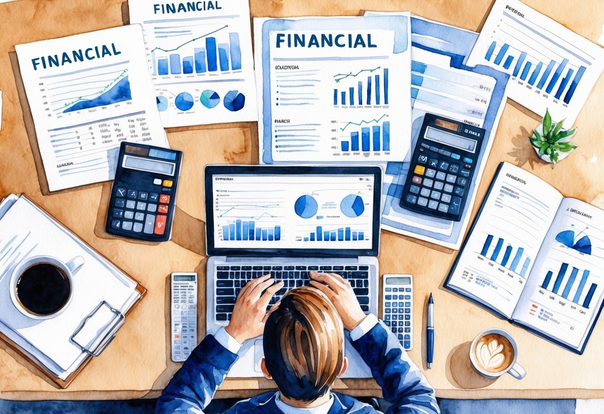 A person sitting at a desk surrounded by financial documents, charts, and graphs. A laptop and calculator are on the desk, with a cup of coffee nearby