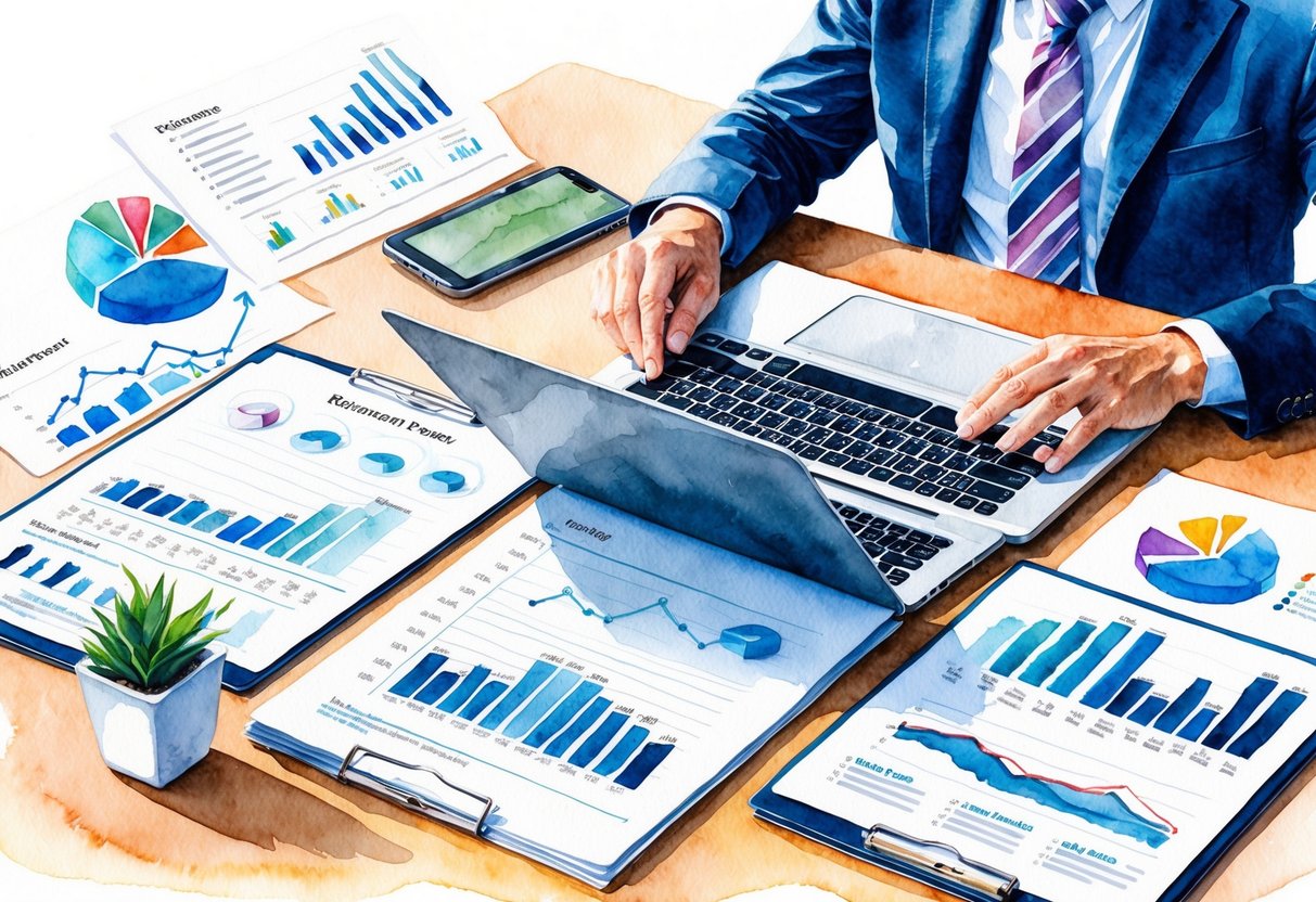A person sitting at a desk with a laptop and financial documents, surrounded by charts and graphs related to retirement planning