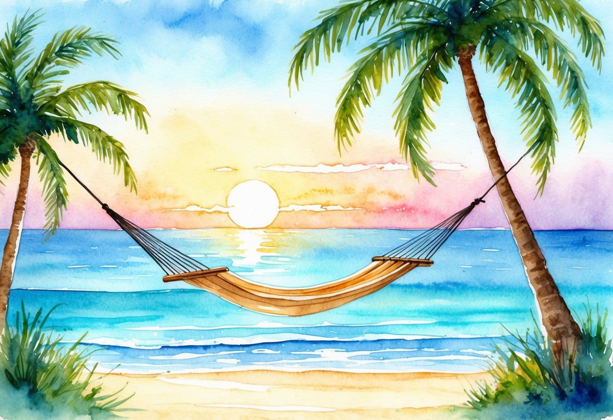 A serene beach with a hammock strung between two palm trees, overlooking a crystal-clear ocean and a distant sunset