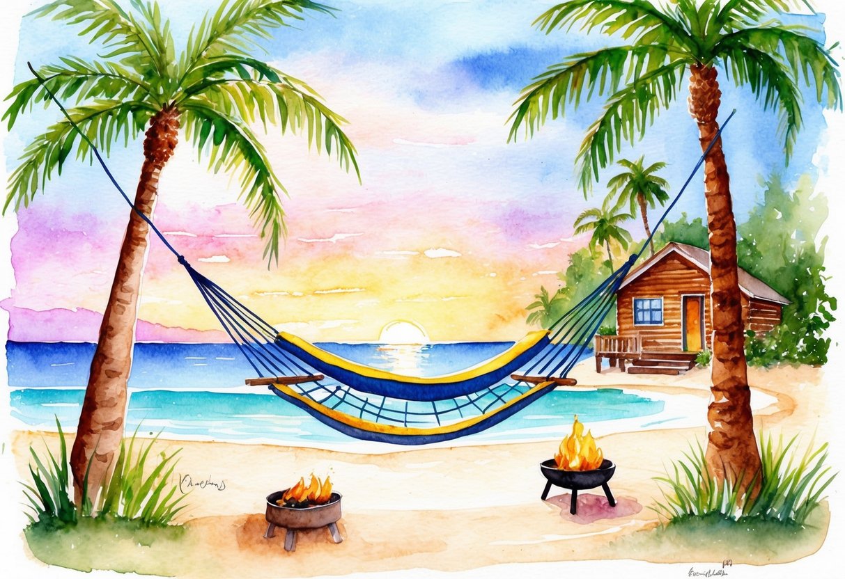 A serene beach at sunset with a hammock strung between two palm trees, a small fire pit, and a cozy cabin in the background