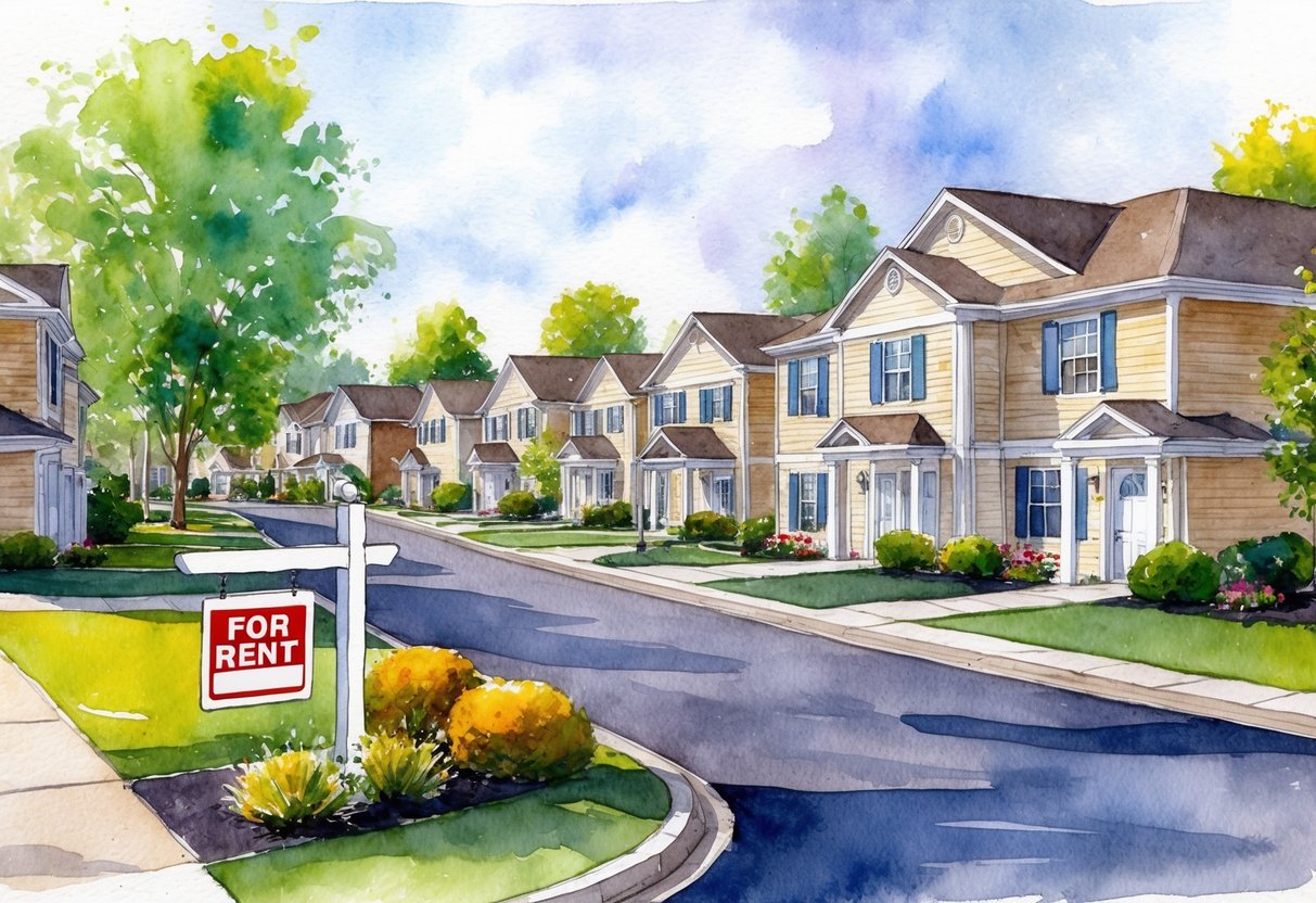 A cozy suburban neighborhood with multiple rental properties, each with a "For Rent" sign and well-maintained landscaping