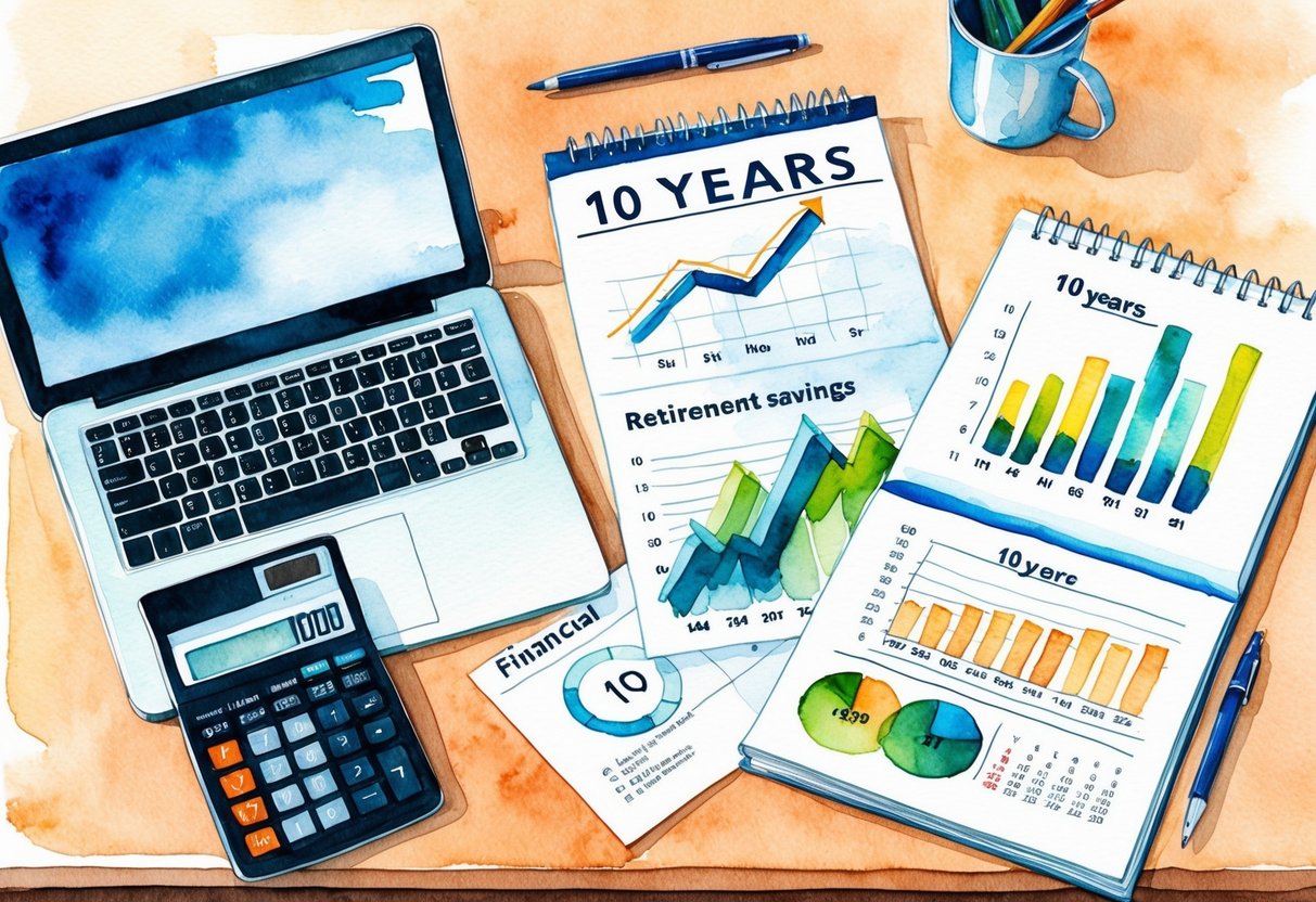 A desk with a laptop, calculator, and financial documents. A calendar showing 10 years. Graphs and charts displaying retirement savings strategies