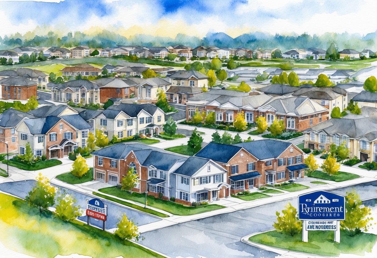 A suburban neighborhood with various types of real estate properties, including houses, apartments, and commercial buildings, with signs indicating tax benefits and retirement income