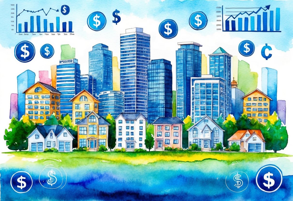 A vibrant city skyline with various real estate properties, including office buildings, apartments, and houses, surrounded by financial symbols like dollar signs and investment charts