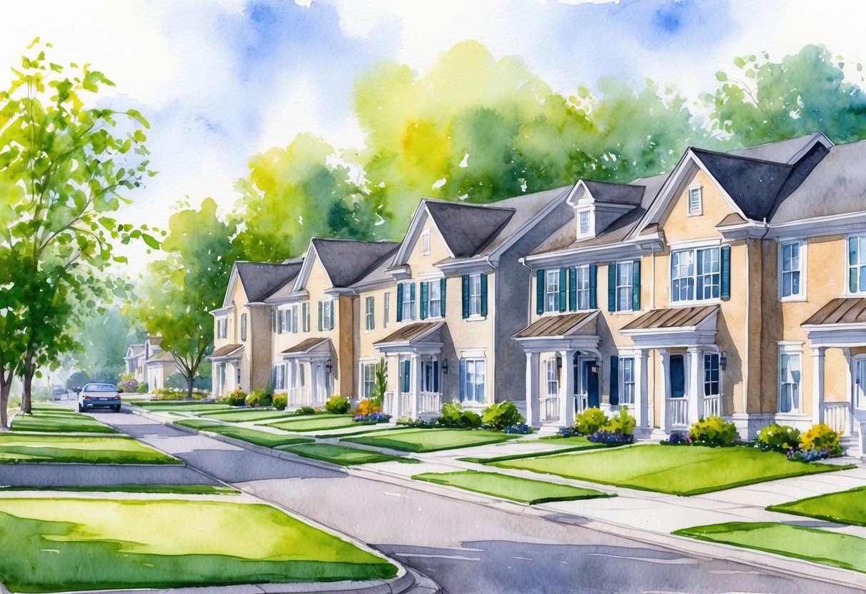 A tranquil suburban neighborhood with neatly manicured lawns, a row of well-maintained townhouses, and a professional property manager overseeing the operations