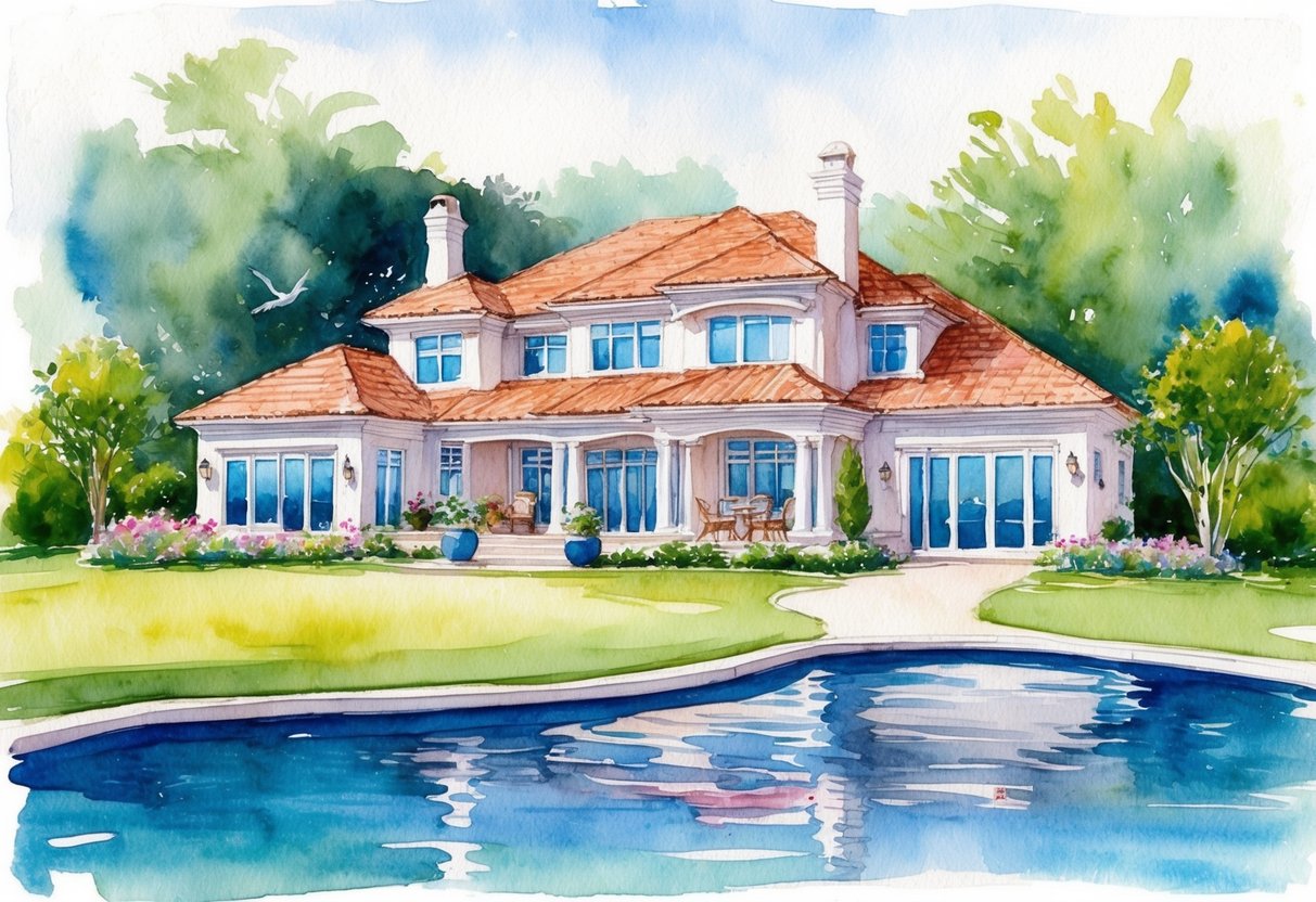 A serene retirement scene with a luxurious real estate property, a steady stream of passive income, and a relaxing atmosphere