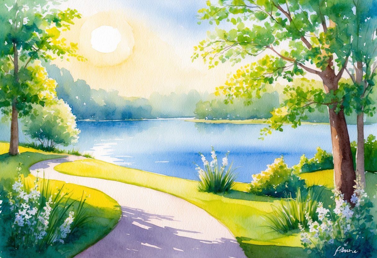 A serene, sunlit retirement landscape with a winding path leading to a peaceful lake, surrounded by lush greenery and blooming flowers