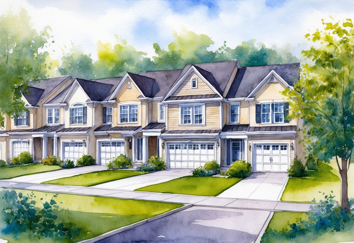 A cozy suburban neighborhood with a mix of single-family homes and townhouses, surrounded by lush greenery and a peaceful atmosphere