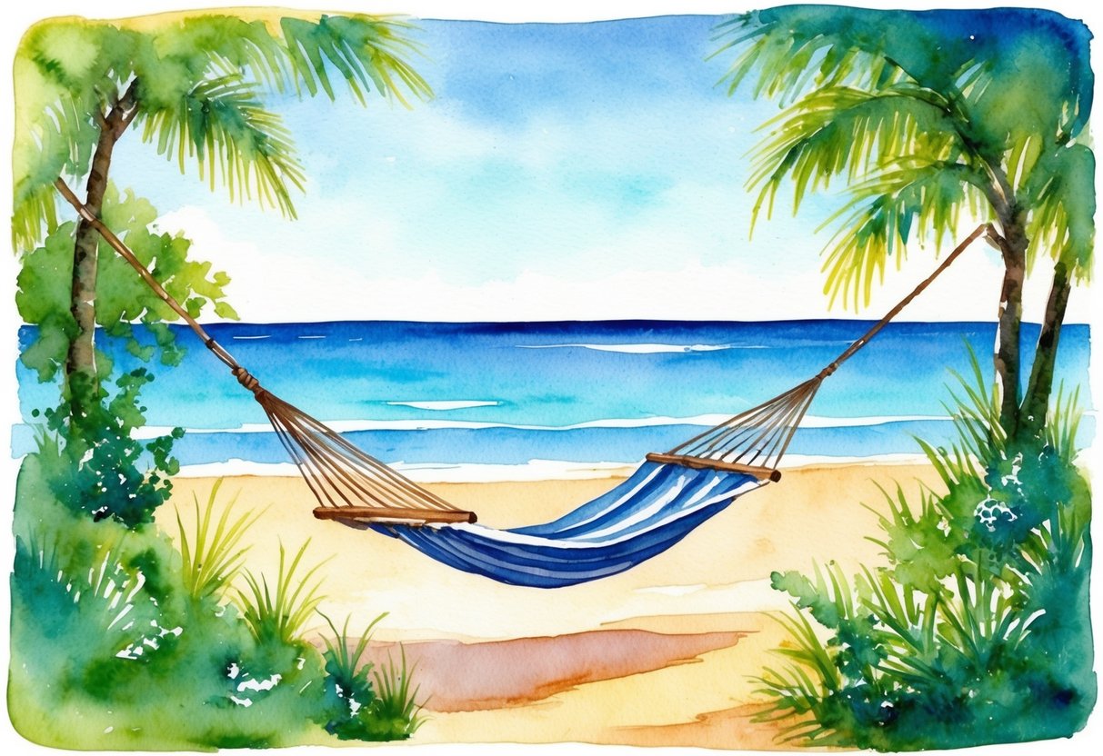 A serene beach with a hammock and a gentle breeze, surrounded by lush greenery and a clear blue sky