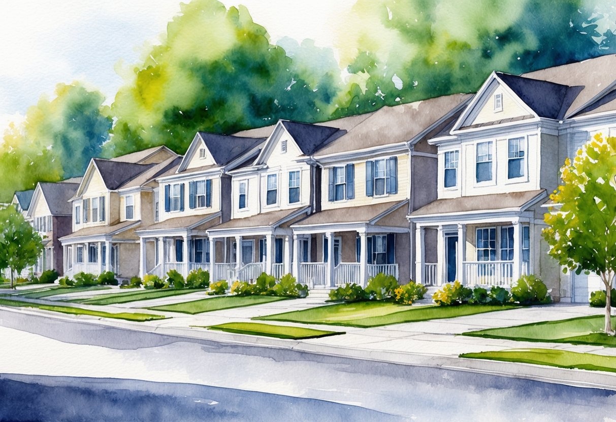 A serene suburban neighborhood with rows of well-maintained houses, surrounded by greenery and a sense of peace and stability