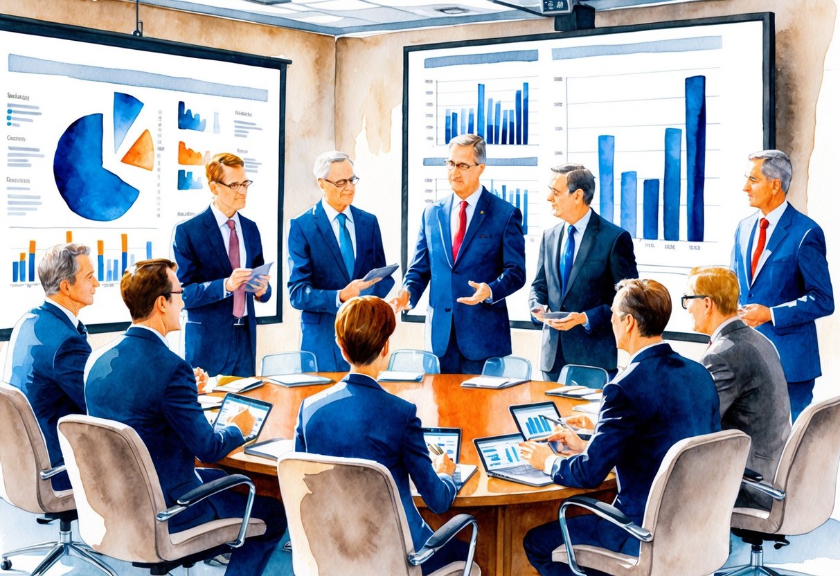 A group of financial professionals discussing retirement strategies in a boardroom, with charts and graphs displayed on a large screen