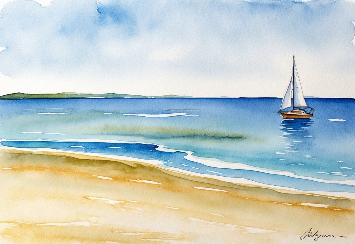 A serene beach with a lone sailboat on the horizon, symbolizing the uncertainty of retirement and the need for careful risk management