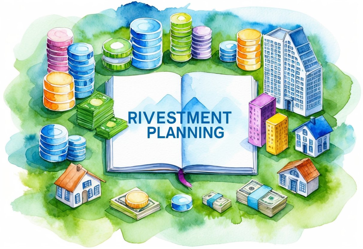 A diverse array of investment assets, such as stocks, bonds, and real estate, arranged in a balanced portfolio, with a focus on retirement planning