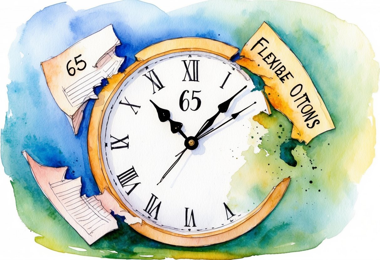A clock showing 65 with a retirement plan being torn apart, while a new plan with flexible options emerges