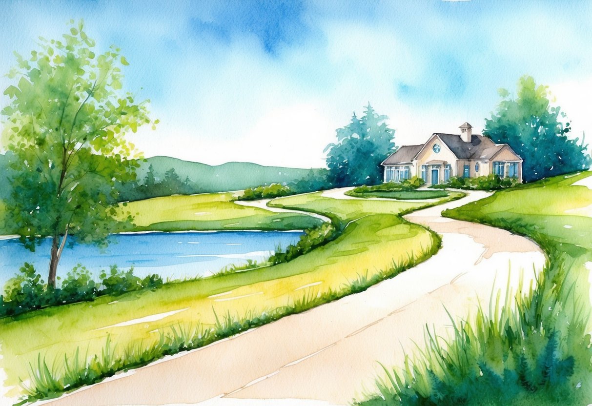 A serene landscape with a winding path leading to a tranquil retirement destination, surrounded by lush greenery and a clear blue sky