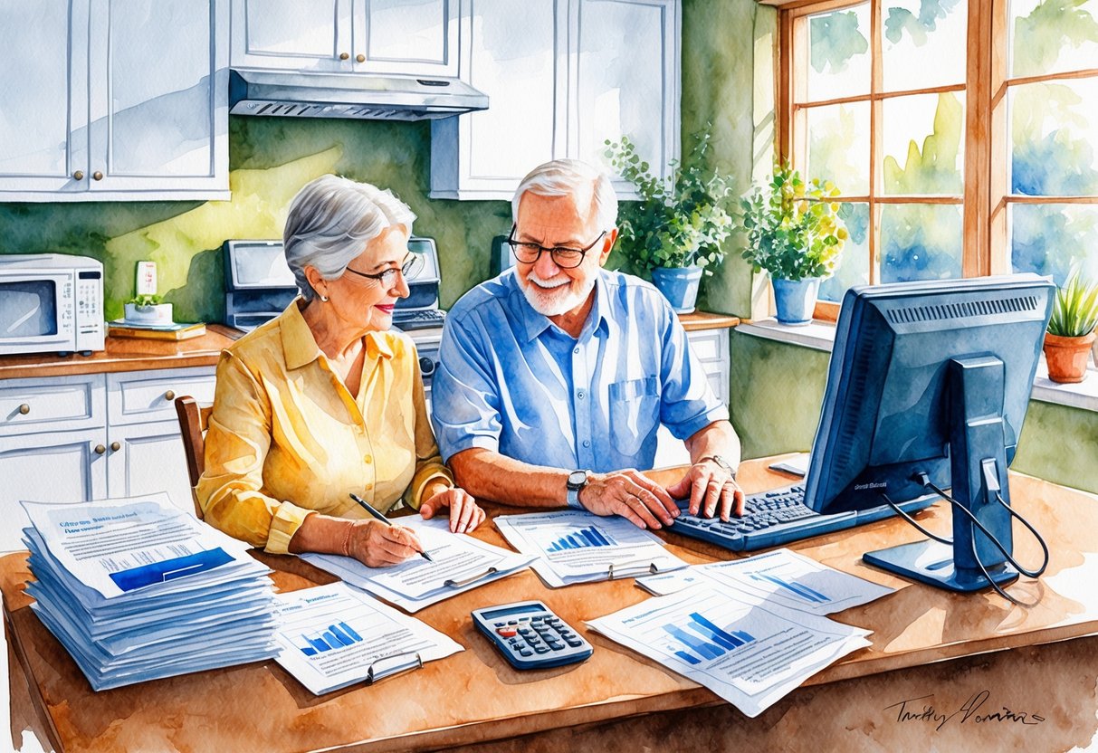 A senior couple reviewing retirement savings and healthcare options at a kitchen table, surrounded by paperwork and a computer