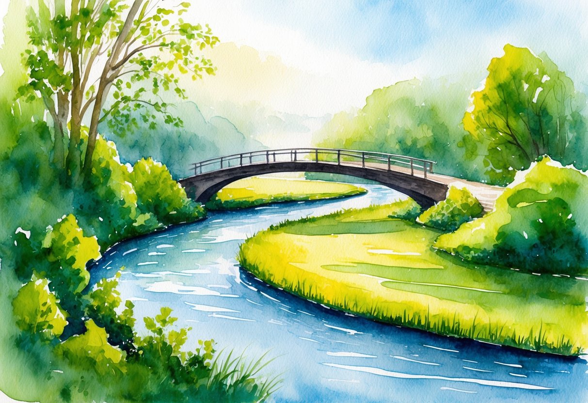 A serene landscape with a winding river and a bridge, surrounded by lush greenery and a peaceful atmosphere, symbolizing the journey of navigating retirement income streams