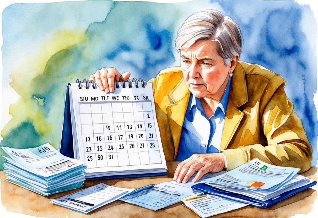 A person in their 60s staring at a calendar, surrounded by bills and financial documents. They look concerned and overwhelmed