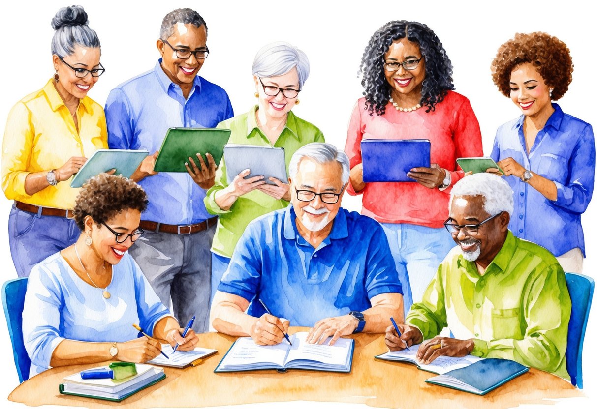 A group of diverse individuals engaging in various activities such as working, learning new skills, and pursuing hobbies to prepare for a non-traditional retirement age