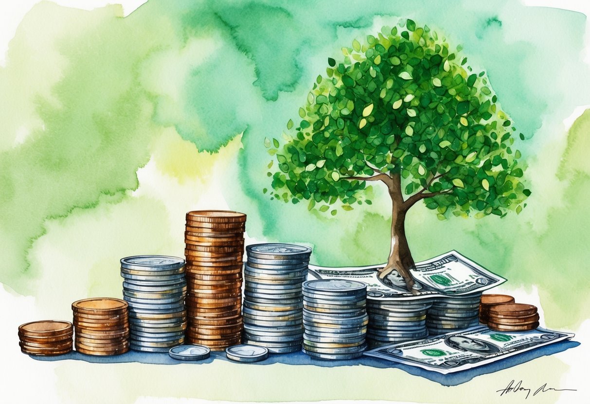 A stack of coins and bills forming a strong foundation, with a growing money tree symbolizing a no-retirement strategy