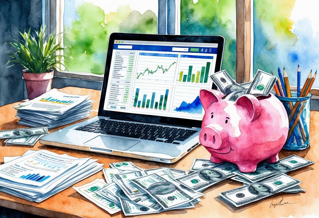 A desk cluttered with financial documents, a laptop displaying investment charts, and a piggy bank overflowing with money