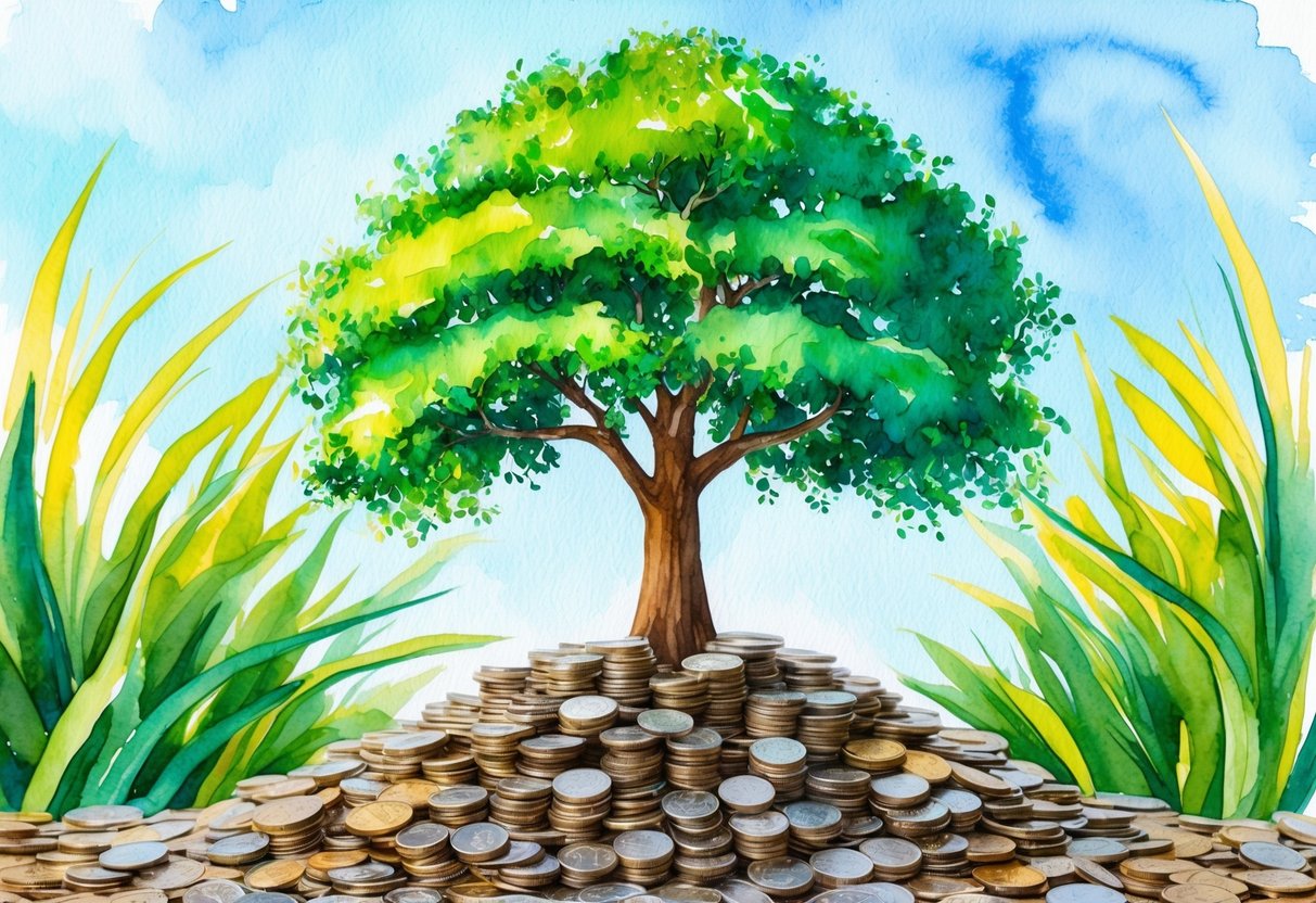 A lush green tree growing from a pile of coins, surrounded by vibrant plants and a clear blue sky, symbolizing sustained growth and financial success