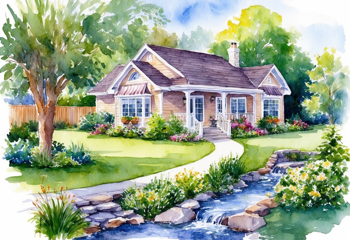 A tranquil and idyllic retirement scene with a comfortable home, a lush garden, and a peaceful stream flowing nearby