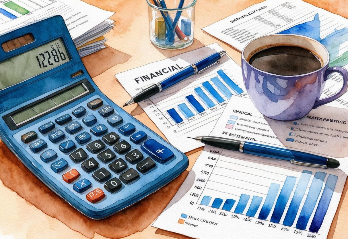 A calculator surrounded by financial documents and charts, with a cup of coffee nearby