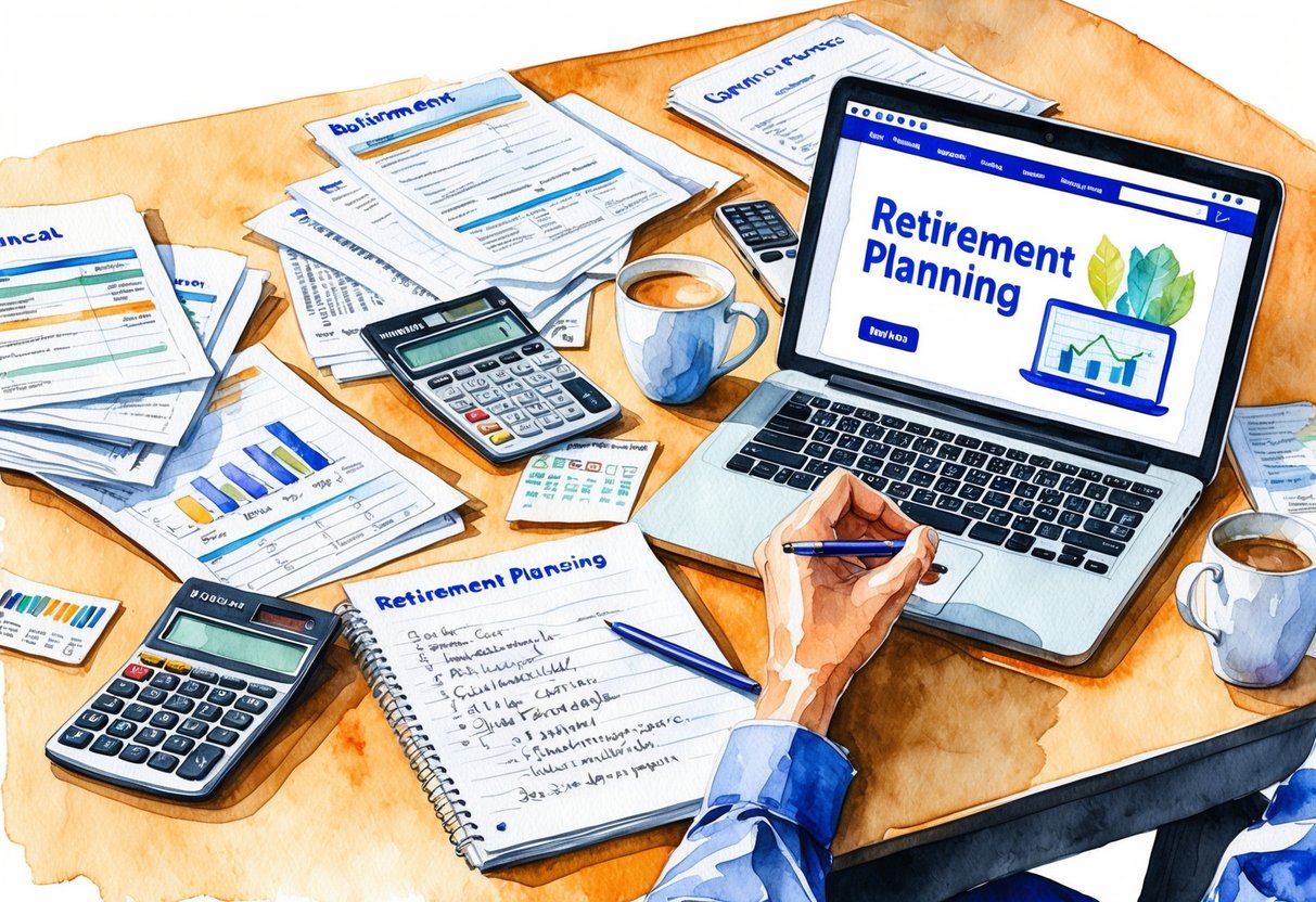 A cluttered desk with scattered financial documents, a calculator, and a laptop open to a retirement planning webpage. A person scribbles notes on a notepad while sipping coffee