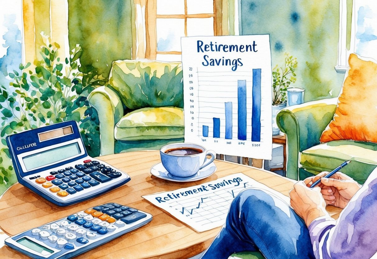 A cozy living room with a calculator, retirement savings chart, and a cup of coffee on a table. A person sitting in a comfortable chair, deep in thought